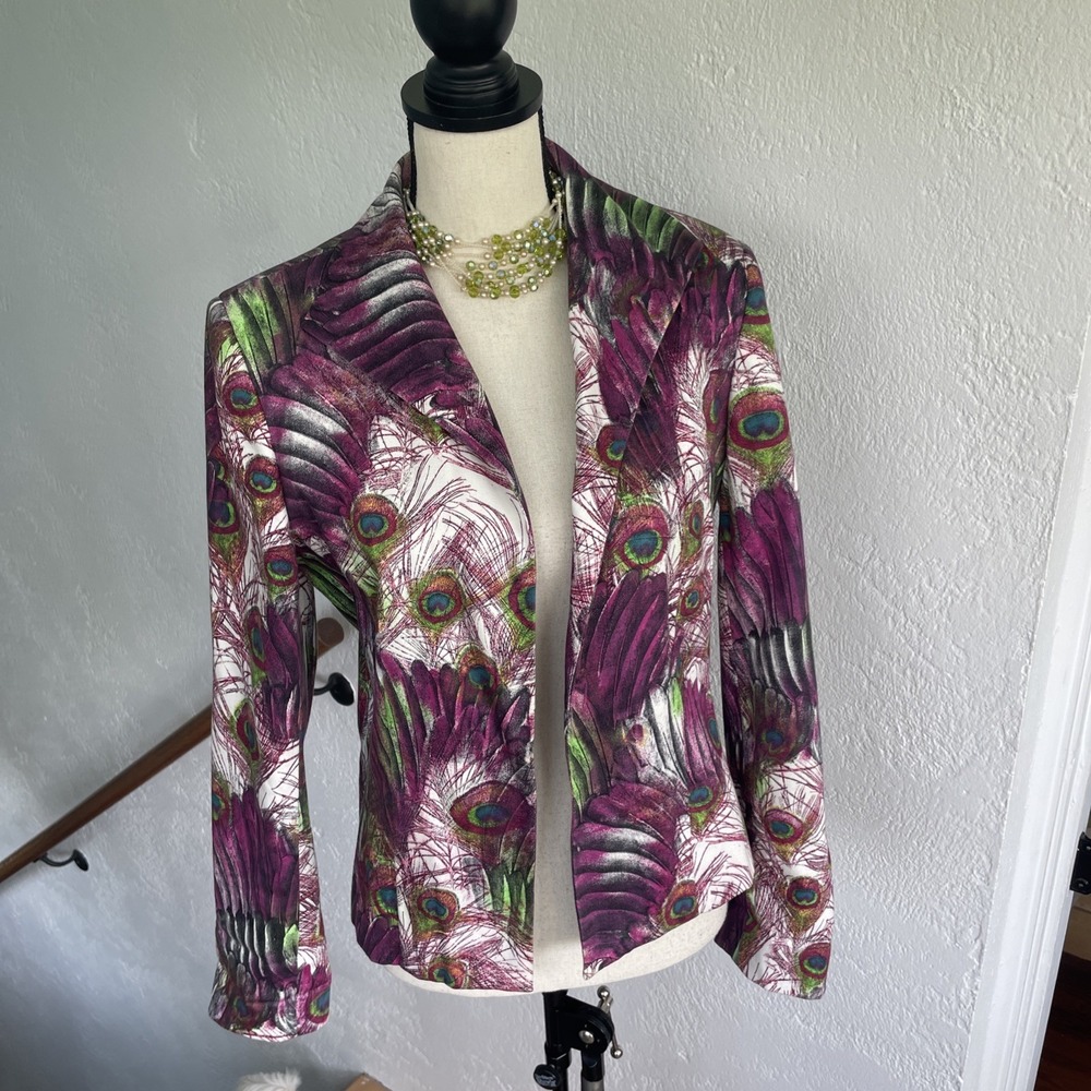 Vintage HARVÉ BENARD Fusia & Green Peacock Printed Blazer Jacket 10